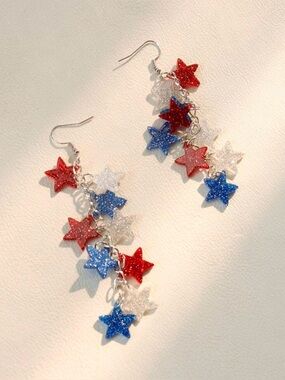 Red White Blue Glitter Star Dangle Earrings